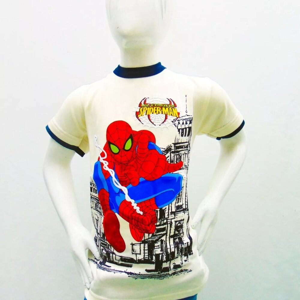 NWT SPIDER-MAN SUPERHEROE KIDS CREAM BLUE O-NECK SHORT SLEEVE T-SHIRT SIZE 10 14
